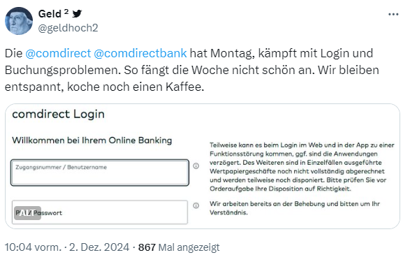 Störung Comdirect-Bank am 2. Dez. 2024