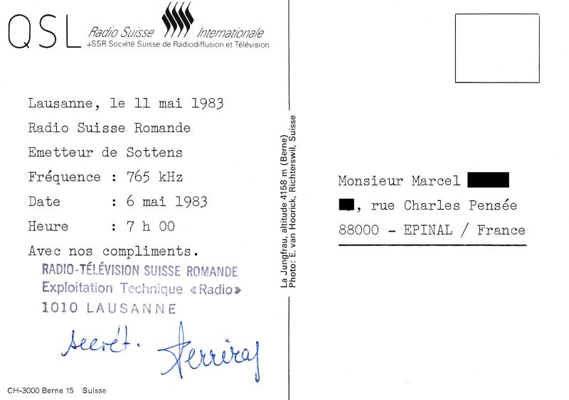 R.SUISSE ROMANDE R-SUISSE-ROMANDE-11-5-83-verso