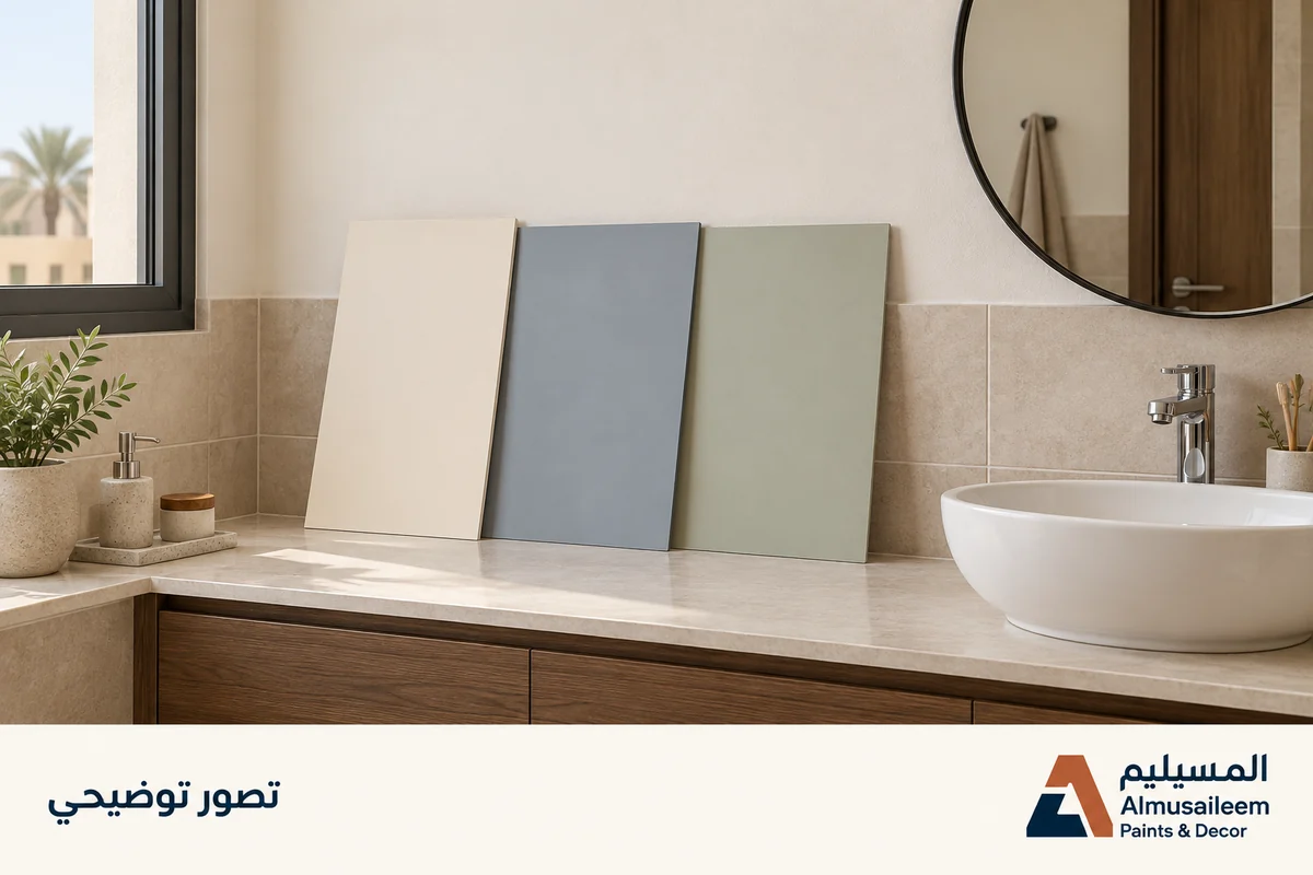 تصور توضيحي لعينات دهان كريمية وزرقاء وخضراء بجوار بلاط حمام بيج وشعار المسيليم