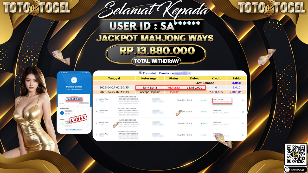 Bukti Pembayaran Jackpot  Permainan Slot Mahjong Ways ID:SA***** LUNAS