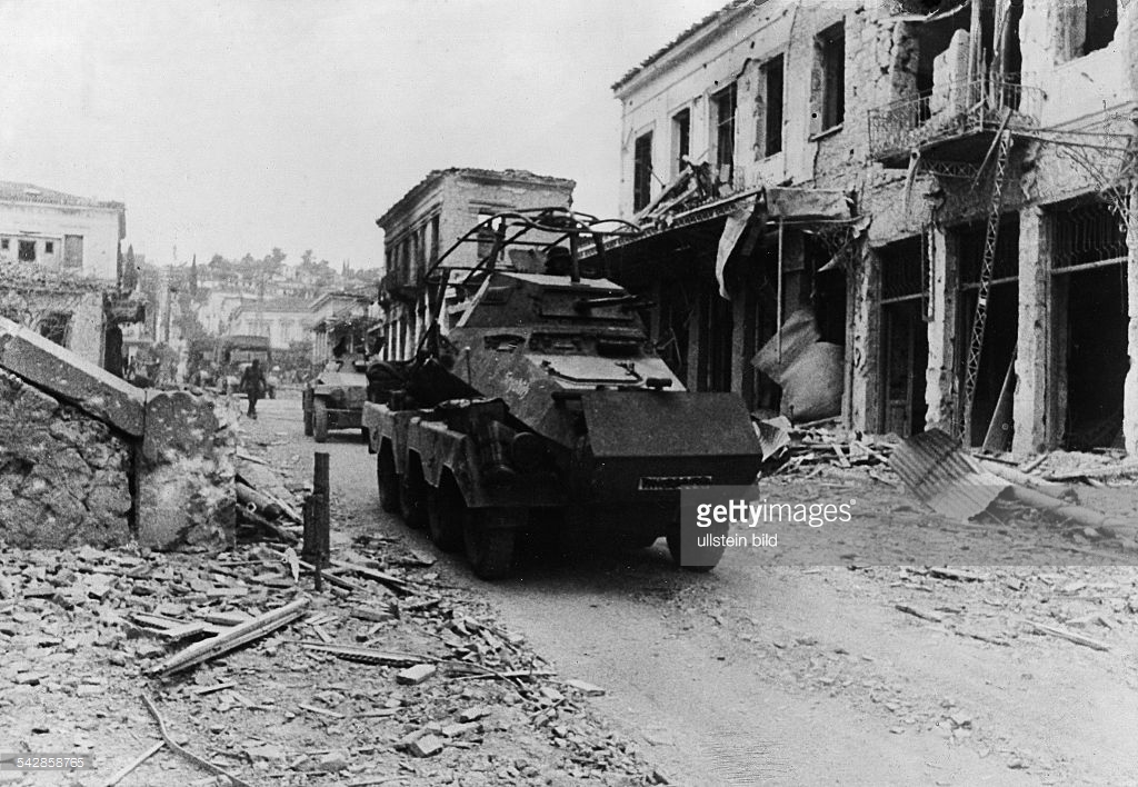 German campaign in Greece German light wheeled tank in the destroyed town of Lania (an Sd.Kfz. 231 r