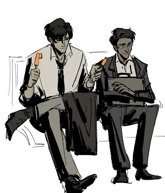 A drawing made by artist WolfyTheWitch. It shows TMA characters Tim and Jon in work attire sat on a bench, with Tim breaking a twinpop in two and offering Jon the other half.