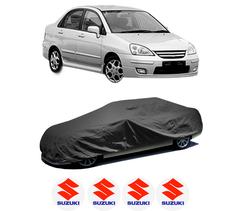 Husa tip prelata auto pentru SUZUKI LIANA (ER, RH_) din 2002-2007, Culoare Negru, material textil impermeabil, rezistanta la intemperii praf UV, CARPASSION Husa Protectie, 4 Stickere auto cu SUZUKI