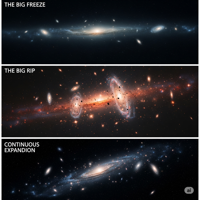 Conceptual illustration of the accelerating expansion of the universe, showing galaxies moving rapidly apart against a stretching cosmic fabric.