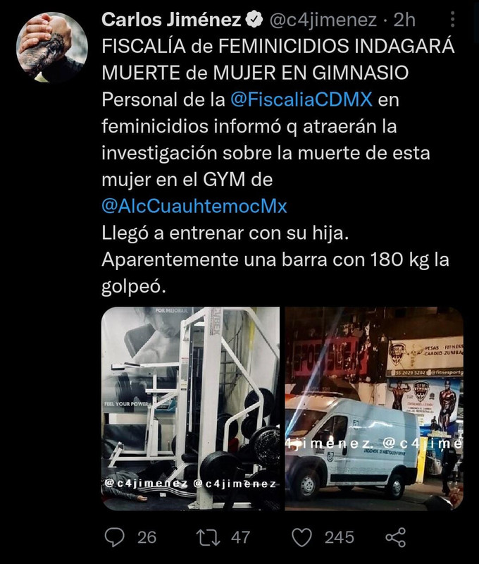 Mujer muere al caerle una barra de 180 kilos en un gym de la CDMX