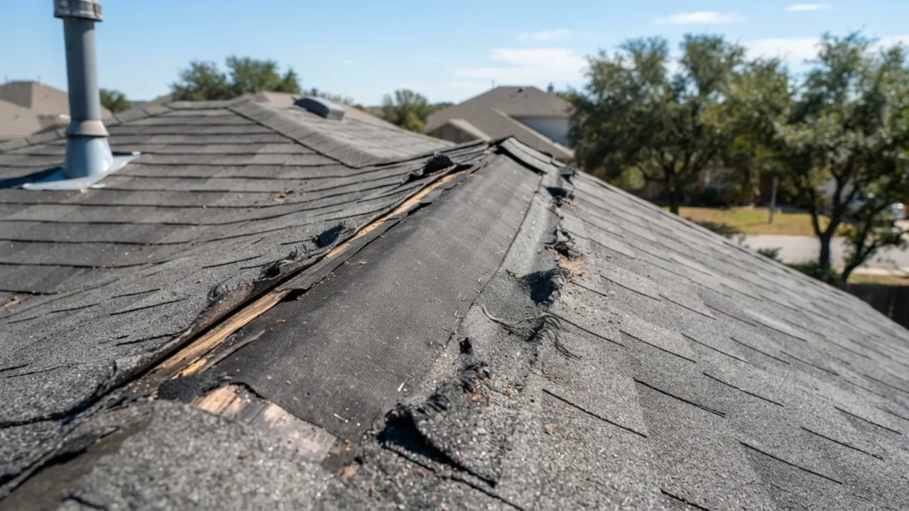 Missing ridge cap shingles on San Antonio home after wind storm damage