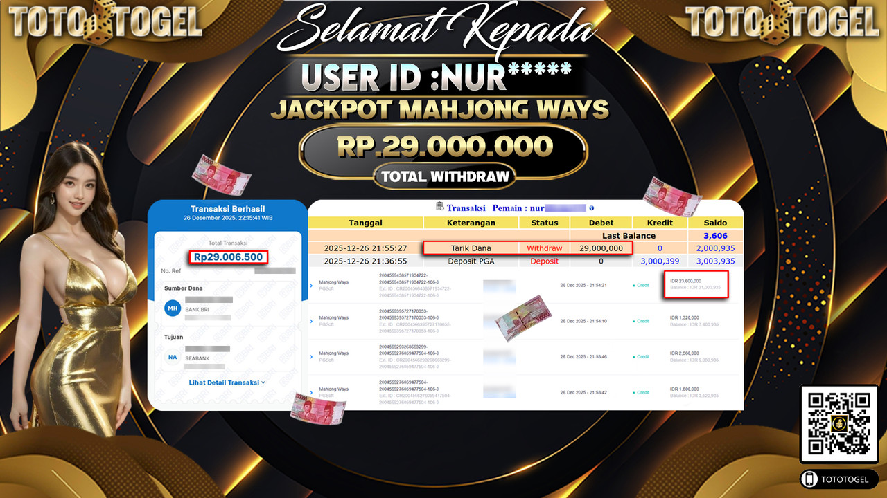Bukti Pembayaran Jackpot Permainan Slot Mahjong Ways ID:NUR**** LUNAS