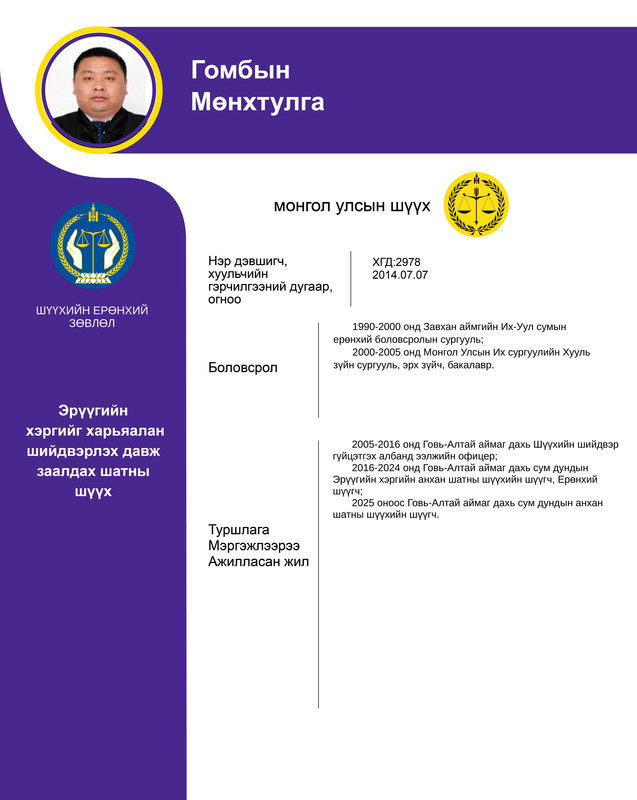 Эрүүгийн хэргийг харьяалан шийдвэрлэх давж заалдах шатны шүүхийн шүүгчид нэр дэвшигч Г.Мөнхтулгын мэргэжлийн үйл ажиллагааны танилцуулга