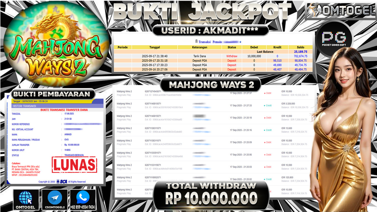 OMTOGEL JACKPOT PGSOFT MAHJONG WAYS 2 10 JUTA DI BAYAR LUNAS ,-