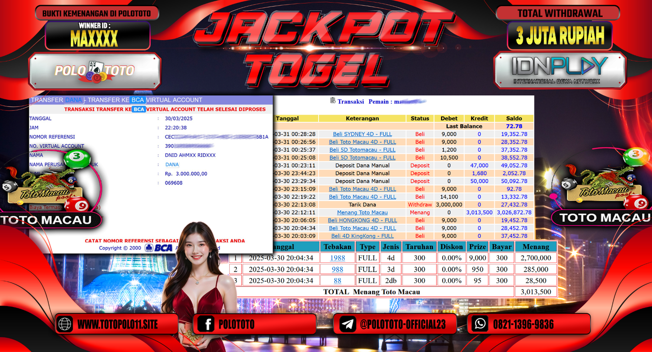 POLOTOTO JACKPOT TOGEL TOTO MACAU  Rp.3.000.000,- LUNAS