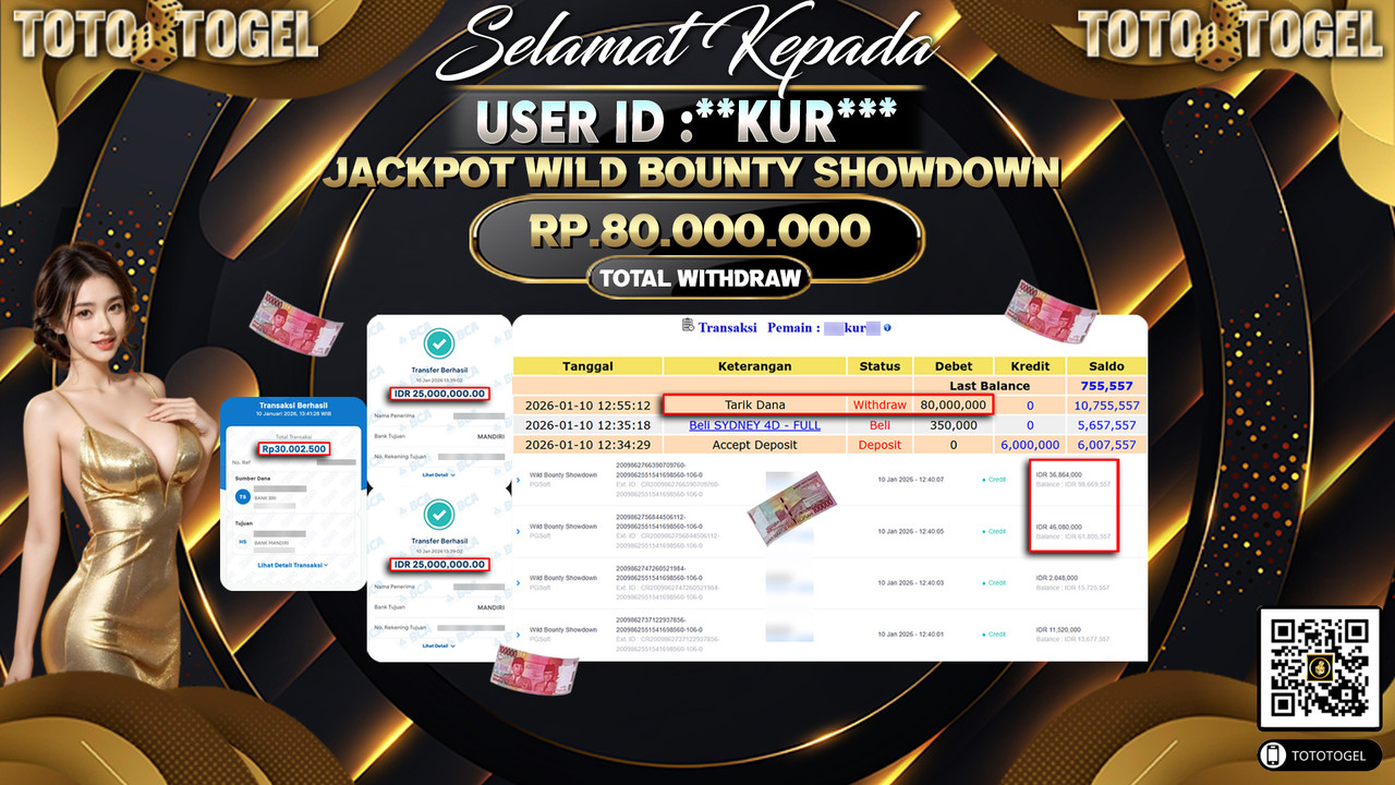 Bukti Pembayaran Jackpot Permainan Slot Wild Bounty Showdown ID:**KUR** LUNAS