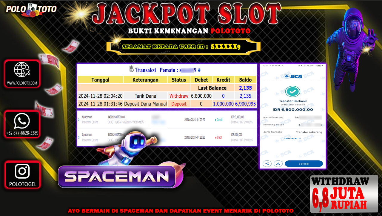 POLOTOTO JACKPOT LIVE GAME SPACEMAN Rp.6,800.000,-
