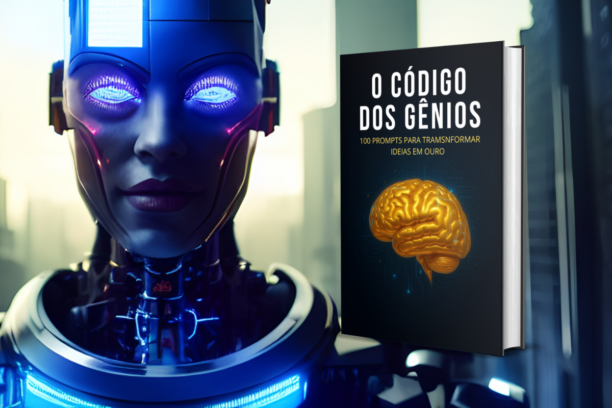 Imagem de um cérebro dourado com códigos visuais representando ideias e inovação