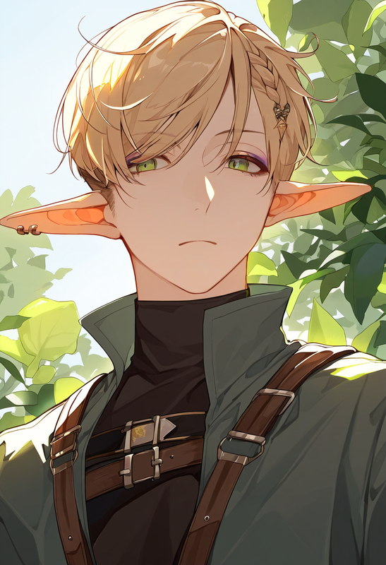 1boy, portrait, elf, long pointy ears, solid oval eyes, very short hair, braid,  s-4006762402