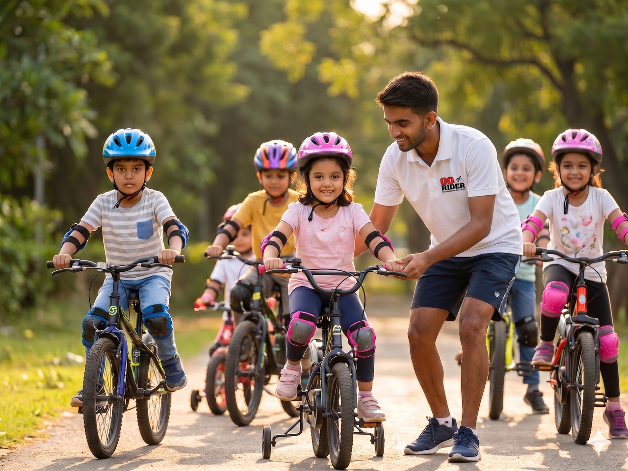 Happy student mastering cycling balance without support wheels