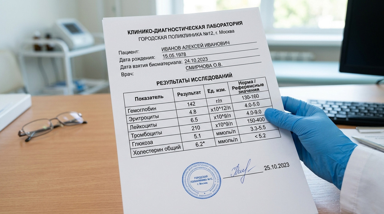 Бланк с результатами анализов крови и холестерина