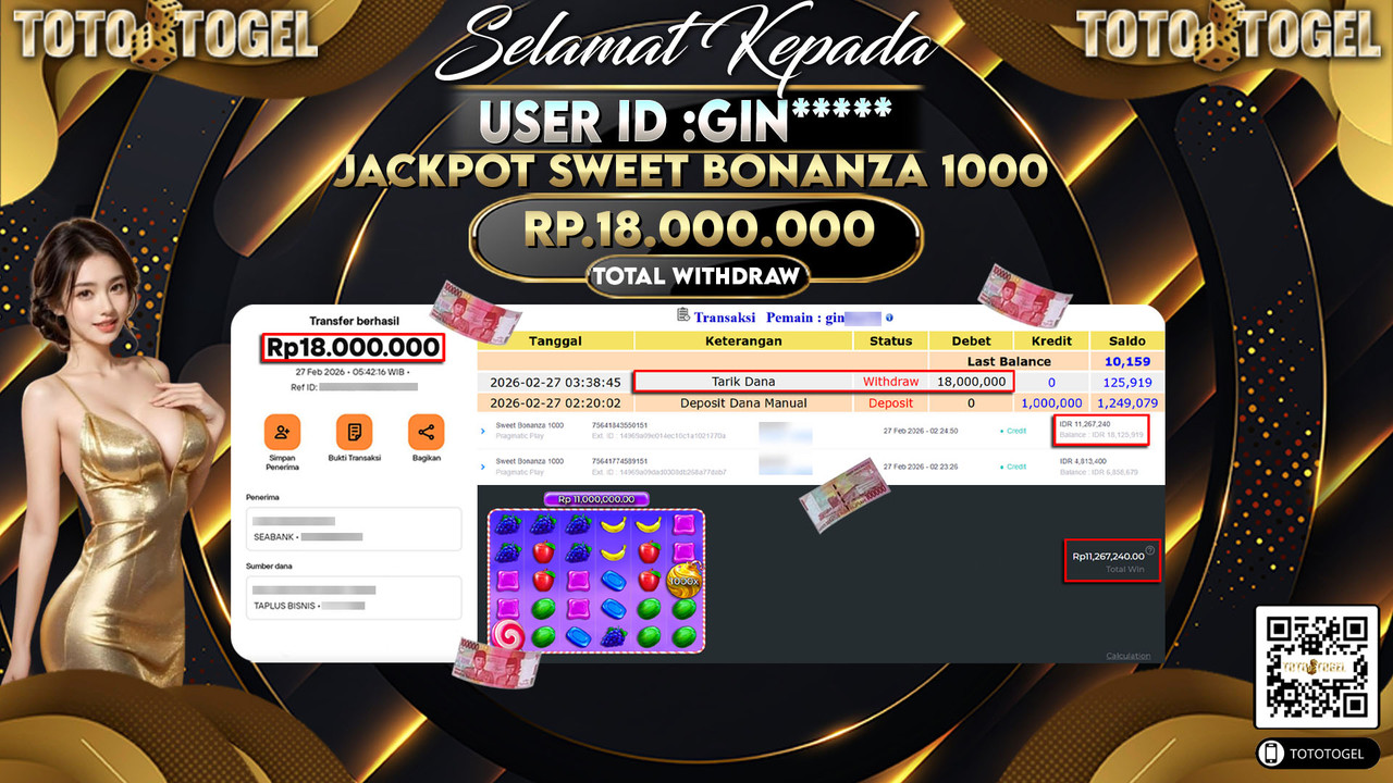 Bukti Pembayaran Jackpot Permainan Slot Sweet Bonanza 1000 ID:GIN*****LUNAS