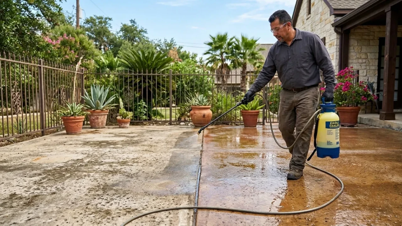 Recoating worn stained concrete patio with fresh sealer in San Antonio using sprayer