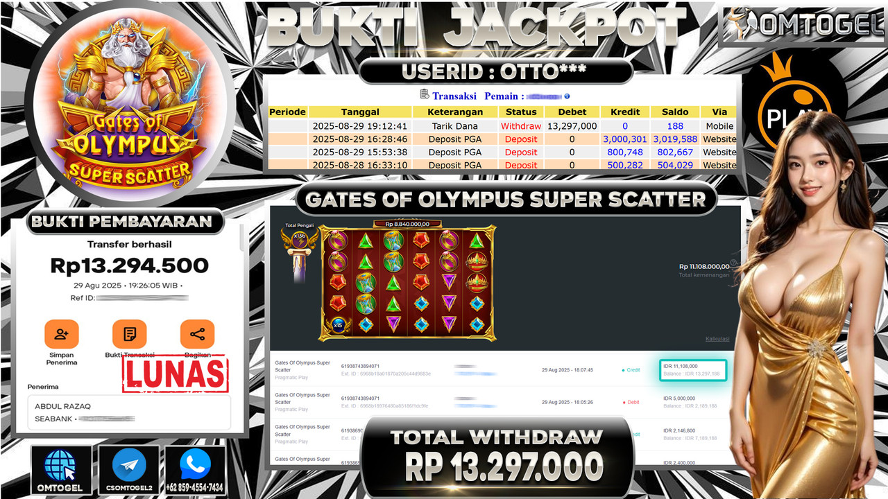 OMTOGEL JACKPOT PRAGMATIC PLAY GATES OF OLYMPUS SCATTER 13 JUTA DI BAYAR LUNAS ,-