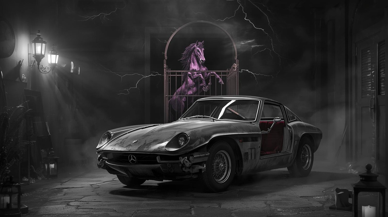 A surreal garage scene inspired by the film _Young Frankenstein._ In the foreground stands a bizarre