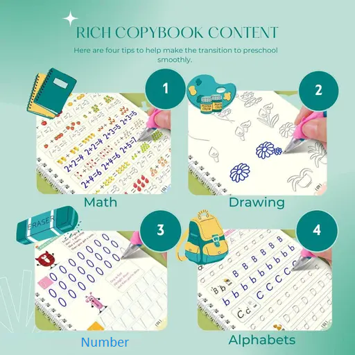 Magic Book (4 Book + 10 Refill + 1 Pen +1 Grip), Practice Copybook, Number Tracing Book for Preschoolers with Pen, Caligraphy early learning Set with Reusable Writing Refill Color 1 (T101)