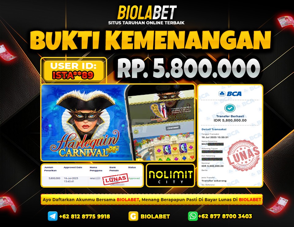 BIOLABET JACKPOT NOLIMIT CITY HARLEQUIN CARNIVAL Rp.5.800.000.,- LUNAS