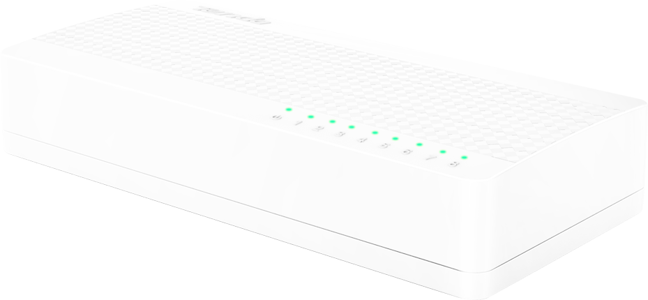 Switch Tenda de 8 puertos con carcasa de plástico y luces indicadoras.