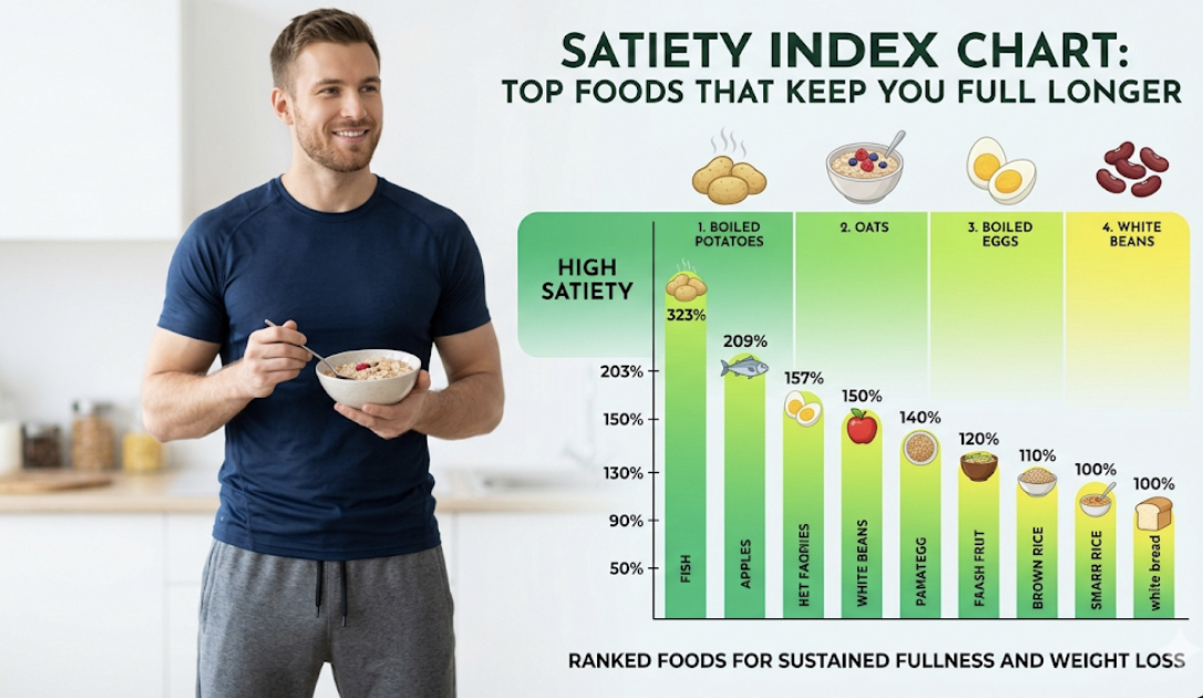 Satiety index chart showing highest ranked foods that keep you full longer including potatoes oats eggs and beans for weight loss