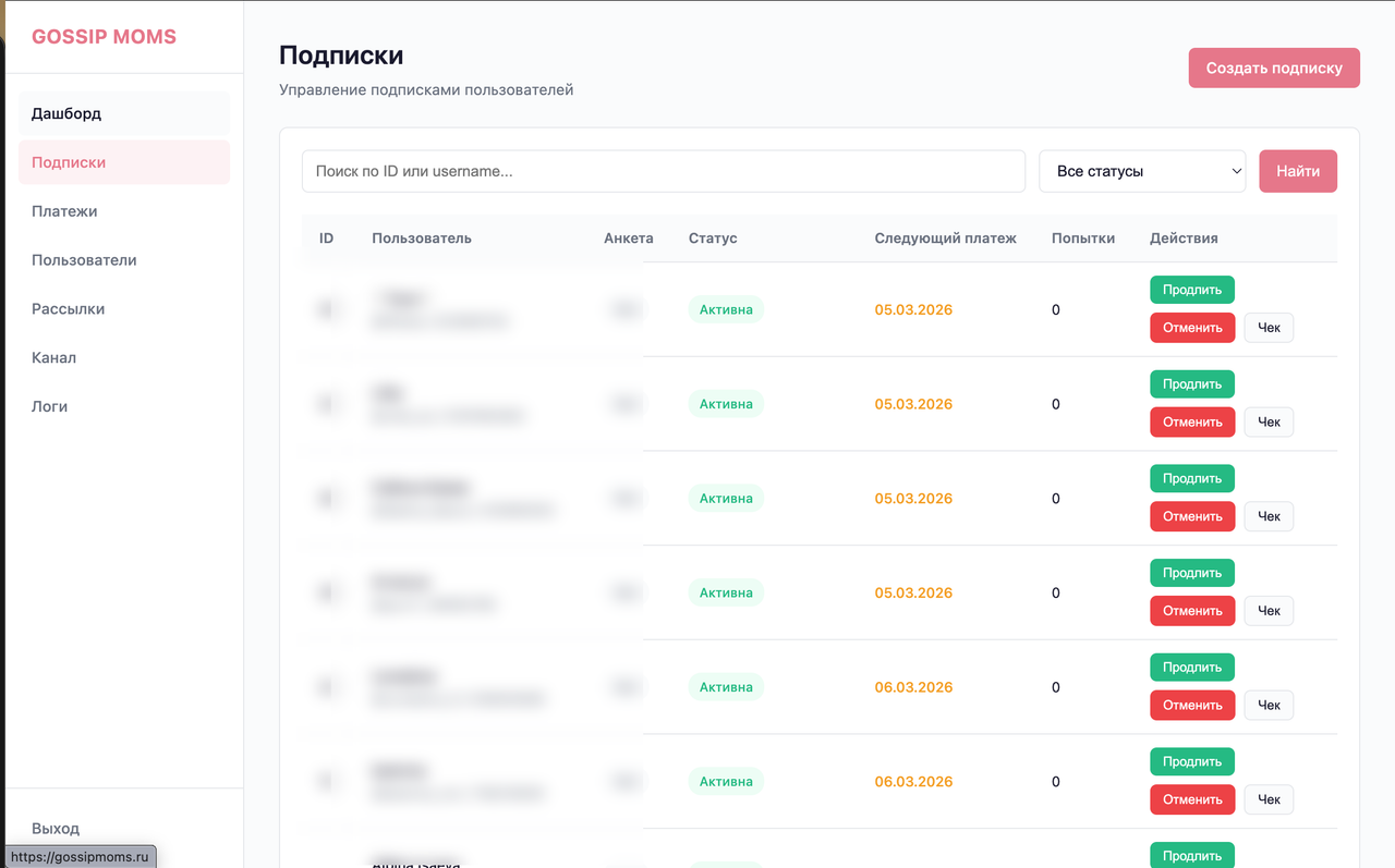 Gossip Moms — раздел подписок