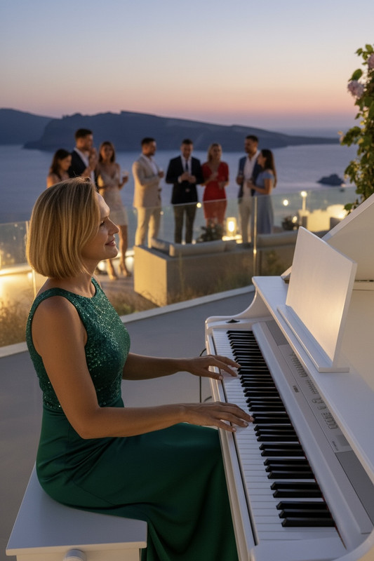 Elegant daytime piano setup by the caldera