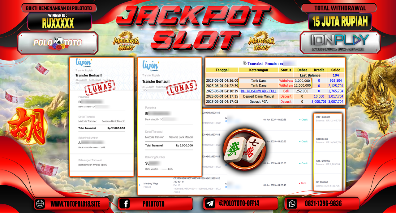 POLOTOTO JACKPOT SLOT MAHJONG WAYS Rp.15.000.000,-