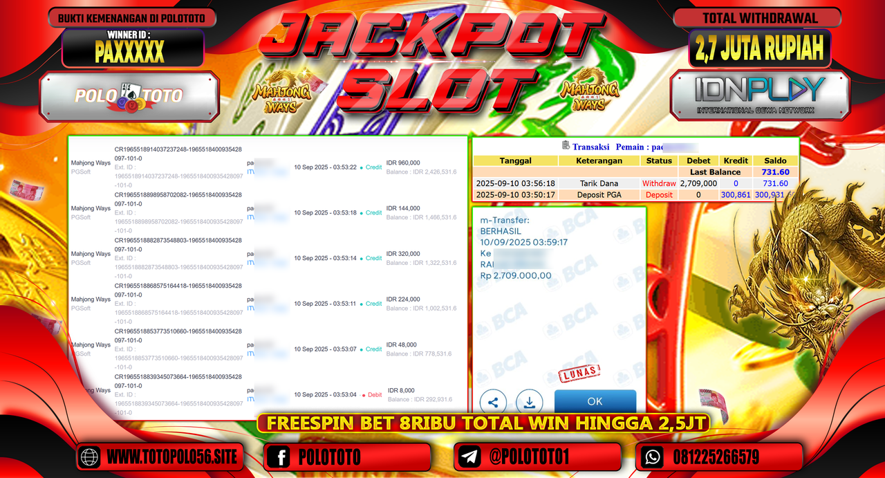 POLOTOTO JACKPOT SLOT MAHJONG WAYS Rp.2.709.000,-