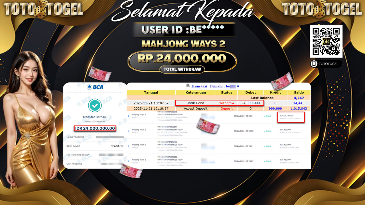 Bukti Pembayaran Jackpot Permainan Slot Mahjong Ways 2 ID:BE***** LUNAS