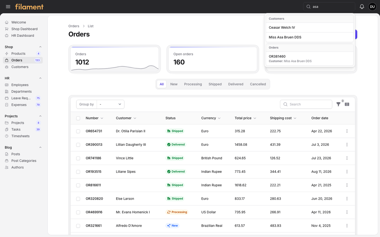 Stature Theme global search on the Shop Orders page in light mode