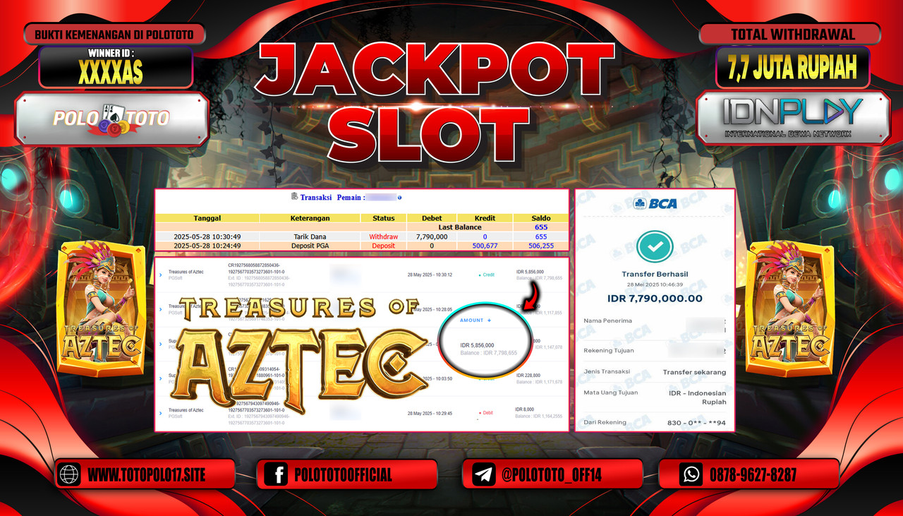 POLOTOTO JACKPOT SLOT TREASURES OF AZTEC Rp.7.700.000,-