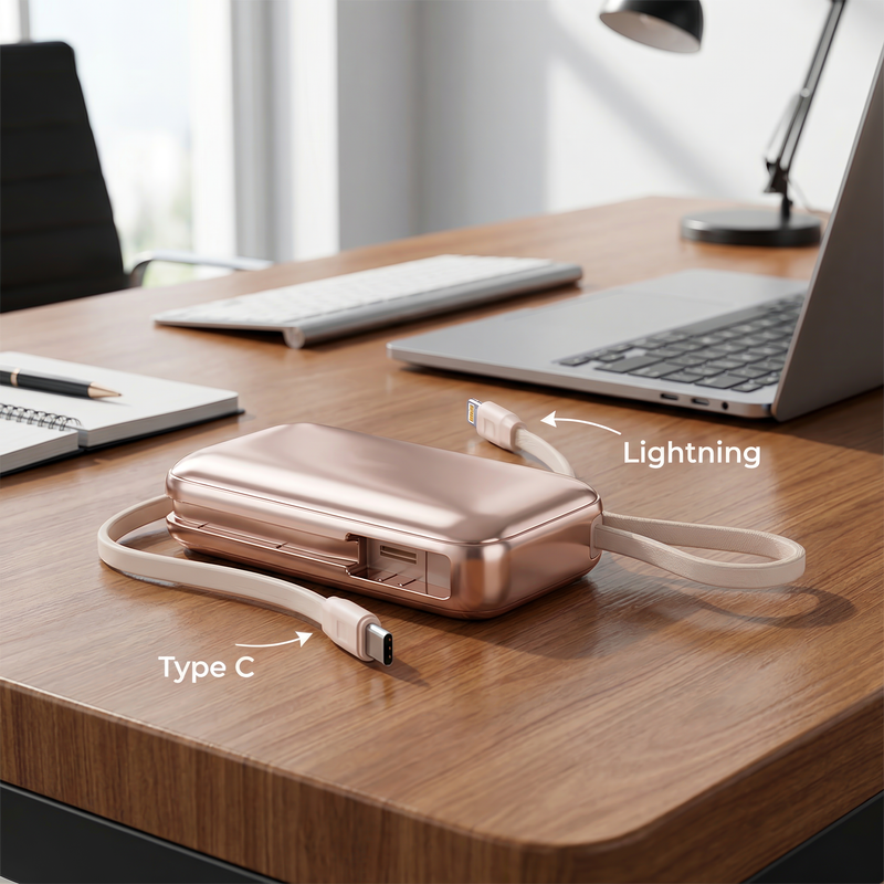 Baterie Externa UltraPortabila Daden 10.000mAh, Power Bank Portabil, Cabluri Integrate, Incarcare Rapida 22.5W, Display LED, Compatibil Apple, Samsung, Universal, Type-C, Lightning, USB-A, Gri schimba fundalul pune l intr un setup of Wfqu LJPRRh GJXbv8l GXAMw BHqo Knr BR3ut Mw0to Q539w 2k