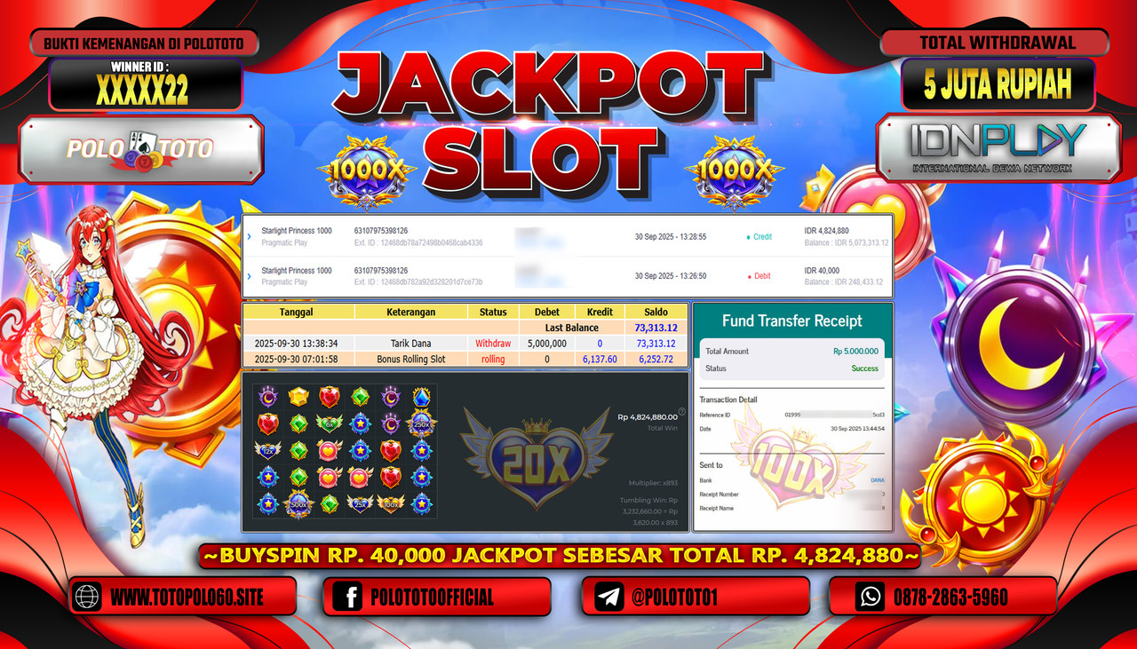 POLOTOTO JACKPOT SLOT STARLIGHT PRINCESS 1000 Rp.5.000.000,- LUNAS