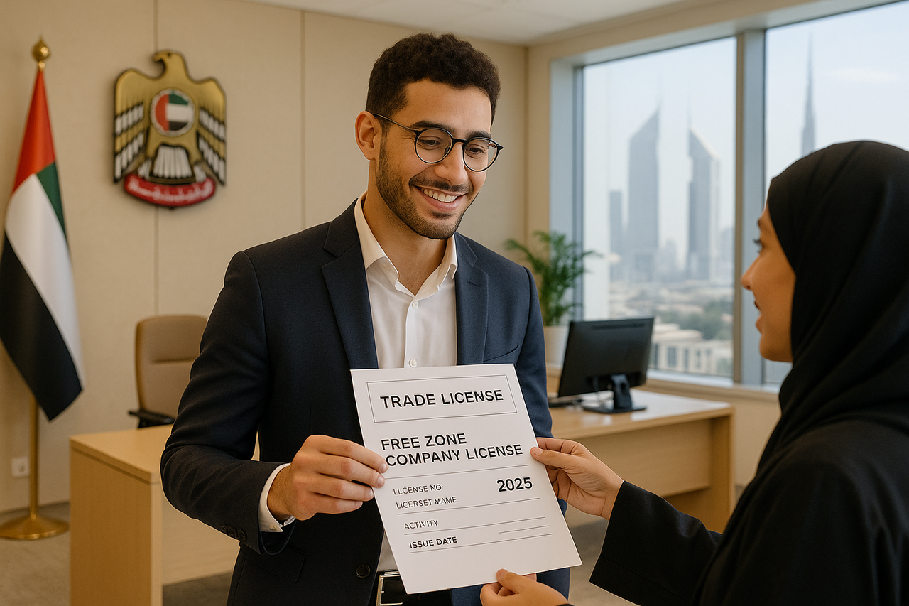 A young entrepreneur receiving  their free zone trade license in Dubai
