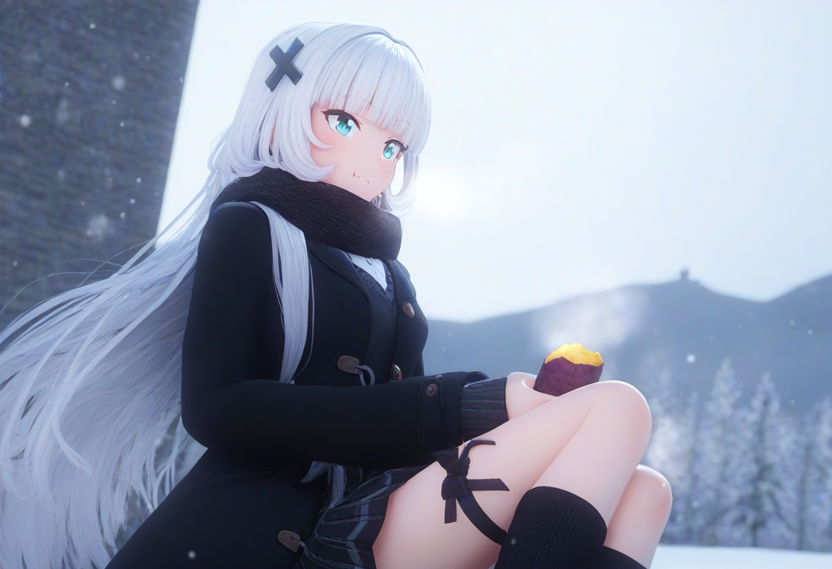 1girl, snow, {{{{{upper body}}}}}, aqua eyes, long hair, hime cut, white hair, s s-2958480874