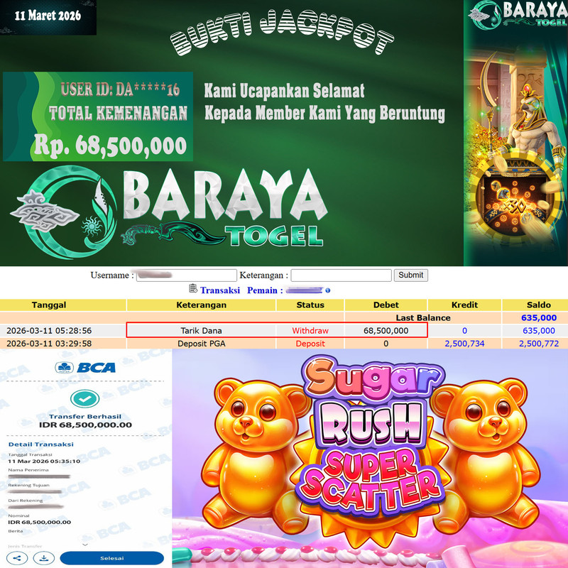 Rp. 68.500.000.- WD LUNAS DI BARAYATOGEL