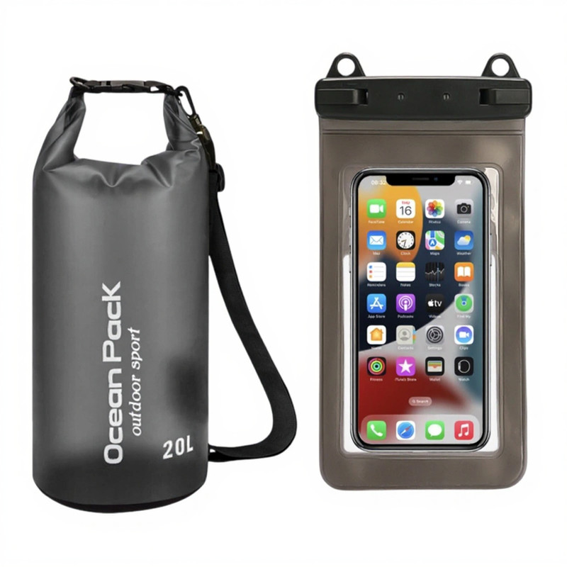 Black 20L PVC Waterproof Swimming Bag Bonus with Waterproof Phone Pouch - Roll-Top Floating Dry Gear Bags for Beach, Kayaking & Outdoor Sports
