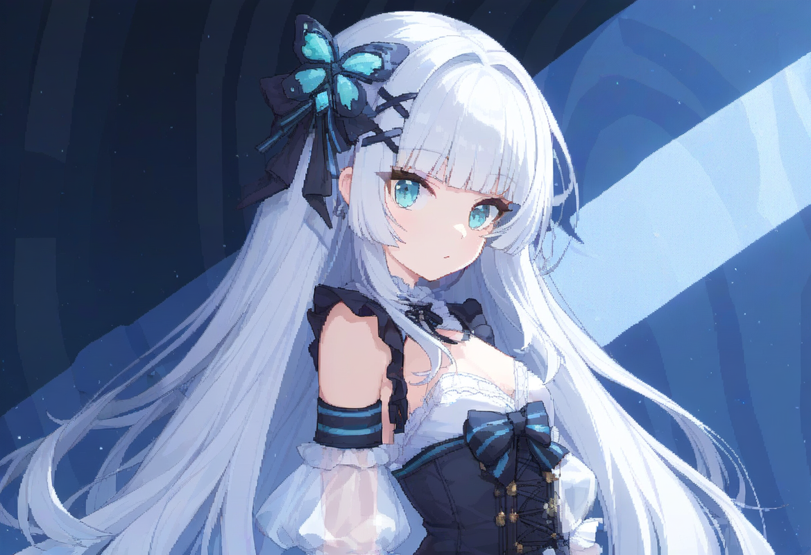 1girl, striped background, aqua eyes, long hair, hime cut, white hair, short ban s-448424760