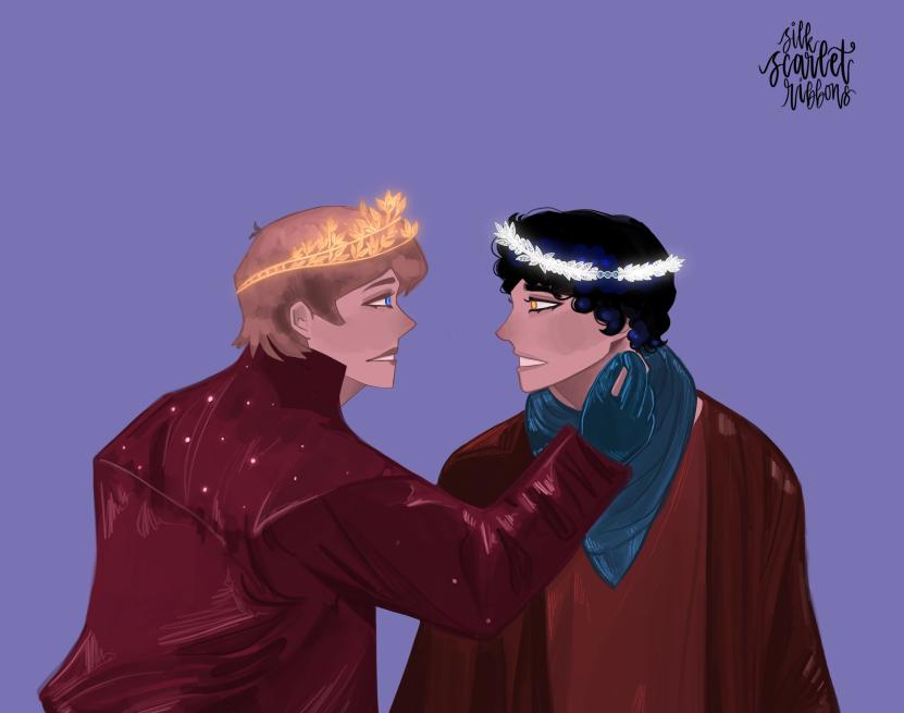 Arthur and Merlin both wearing crowns; Arthur reaches for Merlin