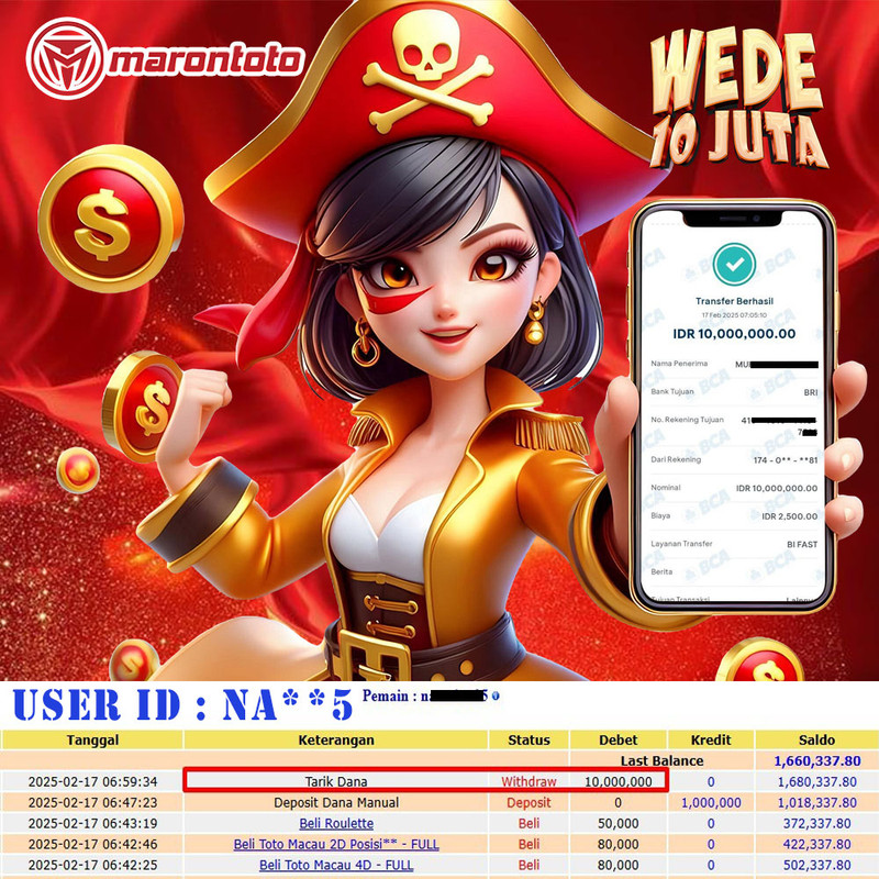 Bukti Kemenangan Member Marontoto Sebesar 10.000,000 JuTa