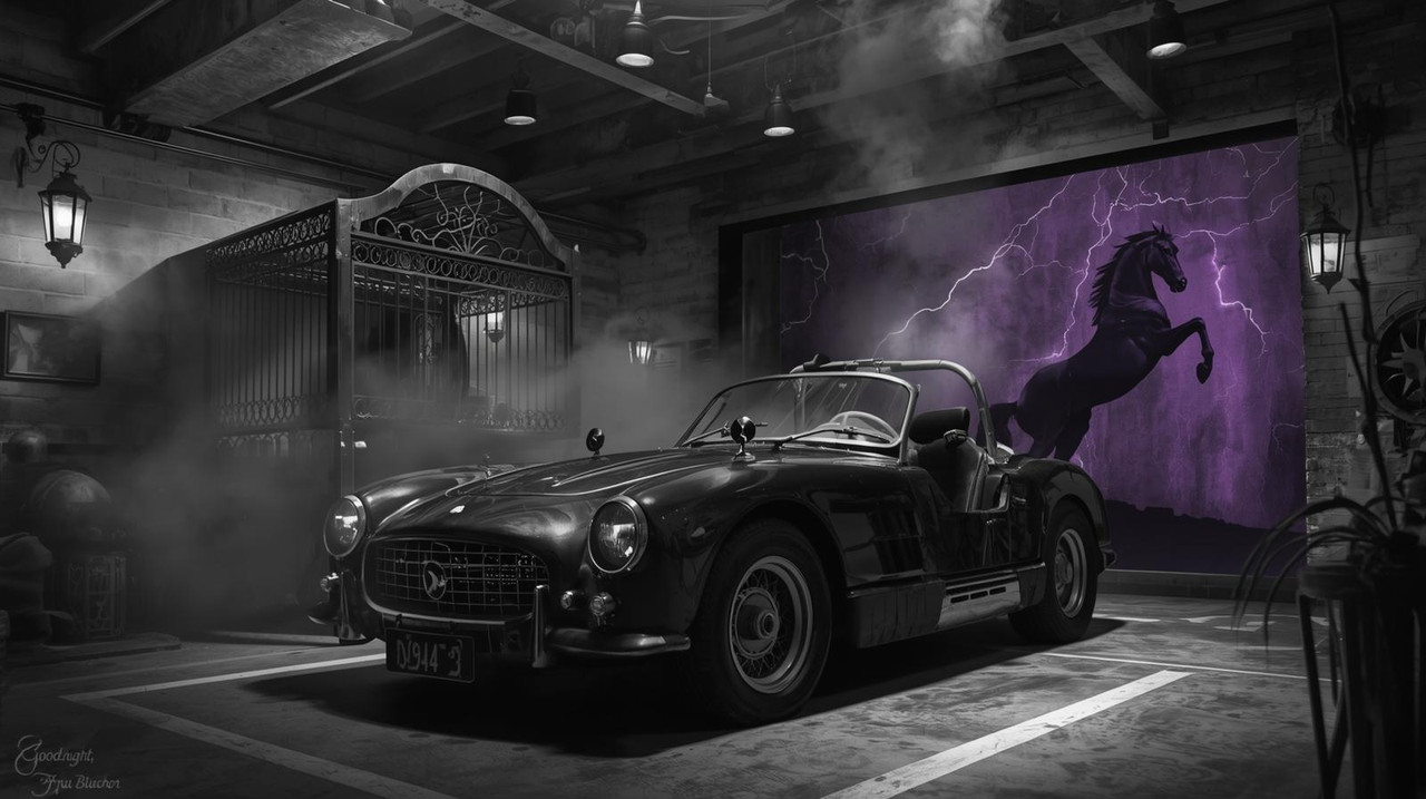A surreal garage scene inspired by the film _Young Frankenstein._ In the foreground stands a bizarre