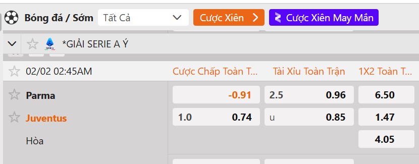 Tỷ lệ kèo Parma vs Juventus