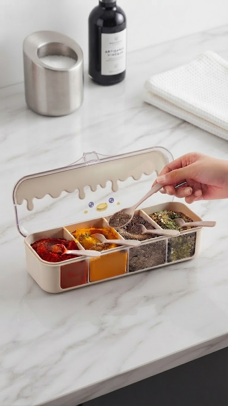 Cute 4-in-1 Large Capacity Spice Storage Box with Lid and Spoons