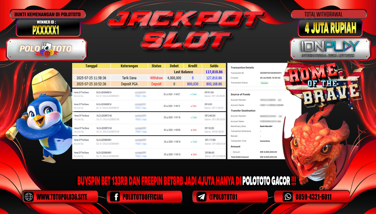 POLOTOTO JACKPOT SLOT HOME OF THE BRAVE Rp.4.000.000,- LUNAS