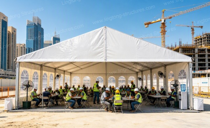 Workers rest tent modular assembly and climate-adaptive configuration for different regional conditions