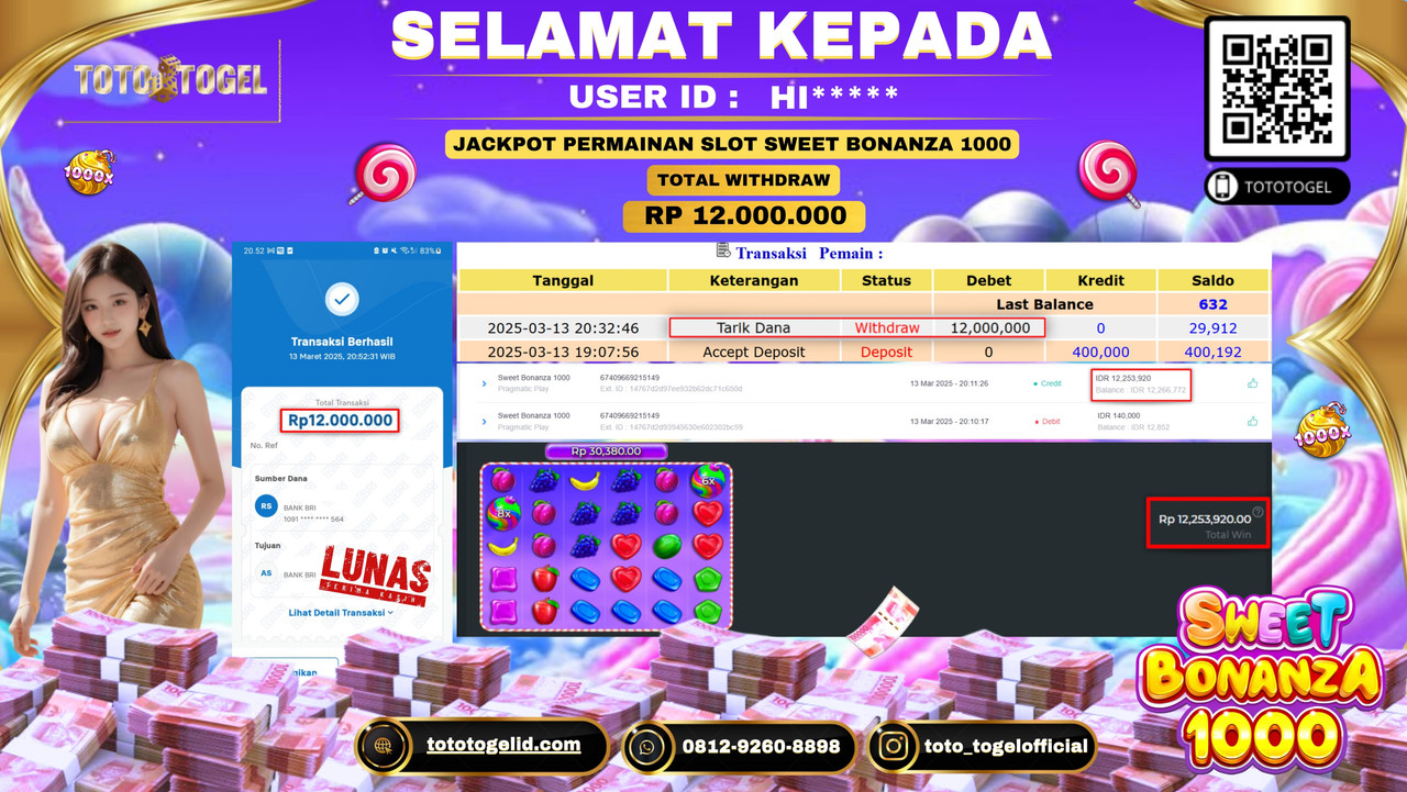 Bukti Pembayaran Jackpot  Permainan Slot Sweet Bonanza 1000 ID:HI***** LUNAS